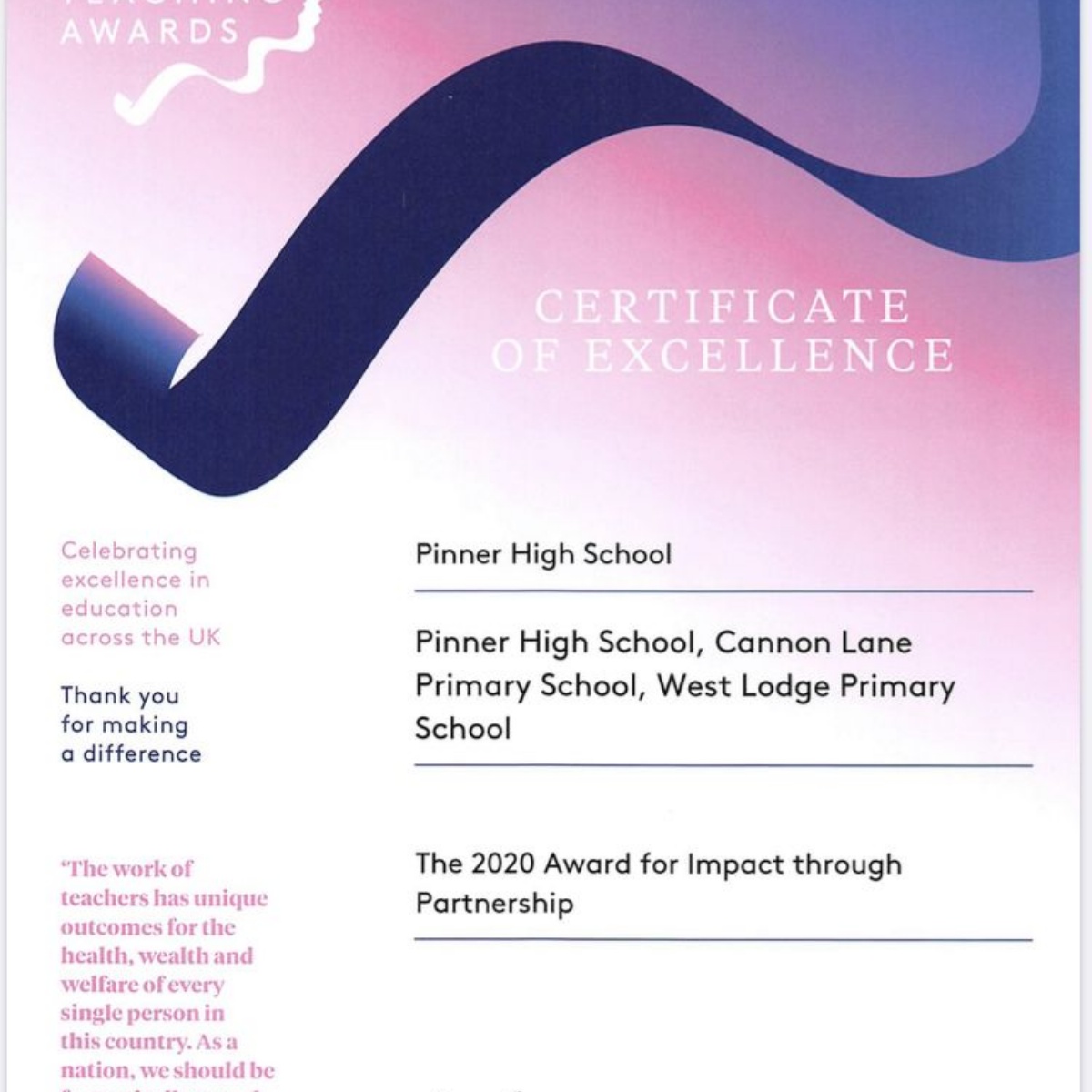 Pinner High School Quadruple award winners!